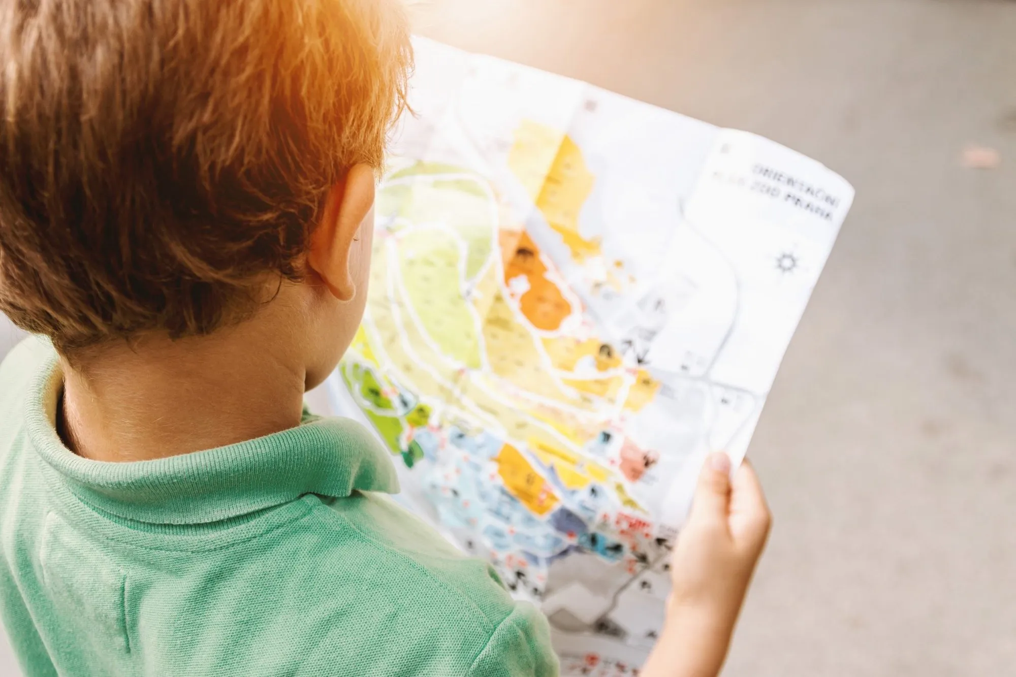 A child looking at a colourful illustrated map